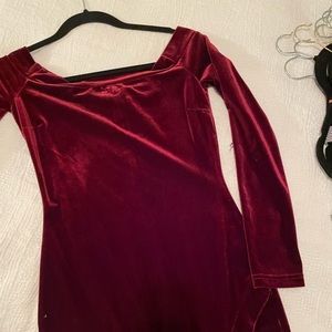 Velvet off-the-shoulder asymmetrical mini dress